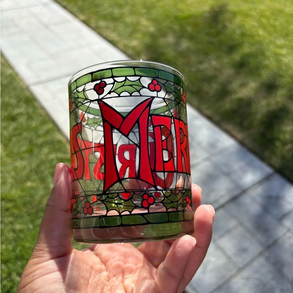 1970’s Cera Merry Christmas Holly Stained Glass Old Fashion Glasses Set of 4 EUC